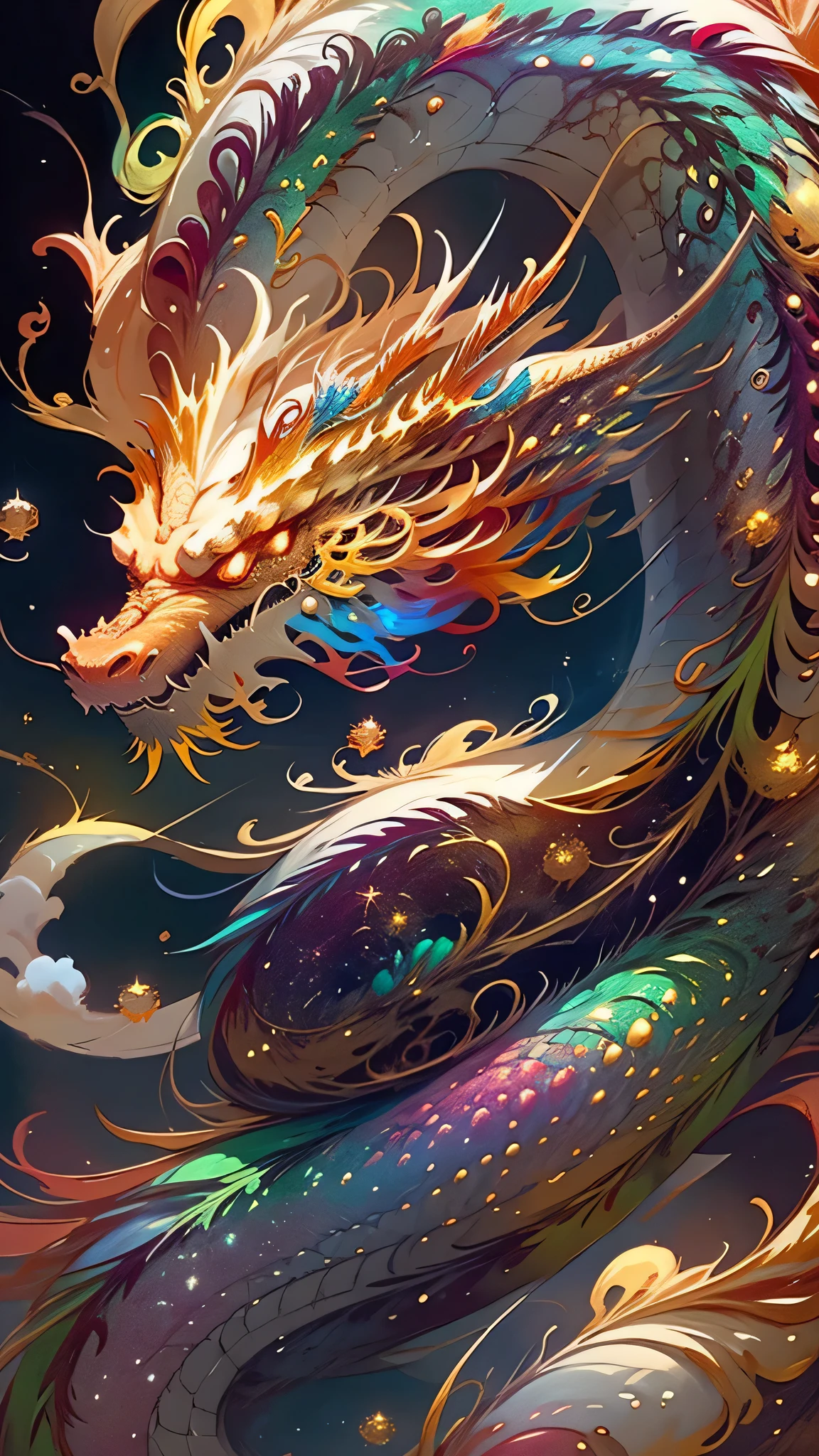 Golden Dragon。Rainbow glowing scales。The dragon god is coming。Golden Splash、milky way、god々々right、Gaze forward、Long red beard、Honglong