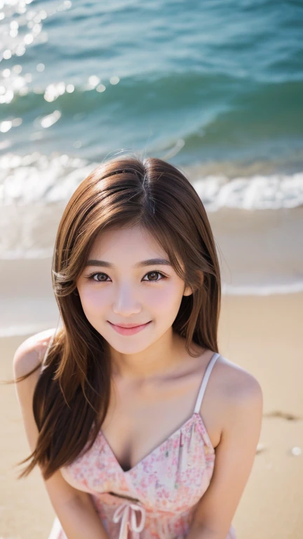 Brown Hair,Medium Hair,20-year-old female, Small nose, With the correct face, Cute natural smile, Japanese facial features, A clean and cute face, Cute realistic portrait, Asian Face, 8K Photo, Soft Makeup,Natural skin texture,Raw photo,highest quality,Full Body Shot,In the sea
