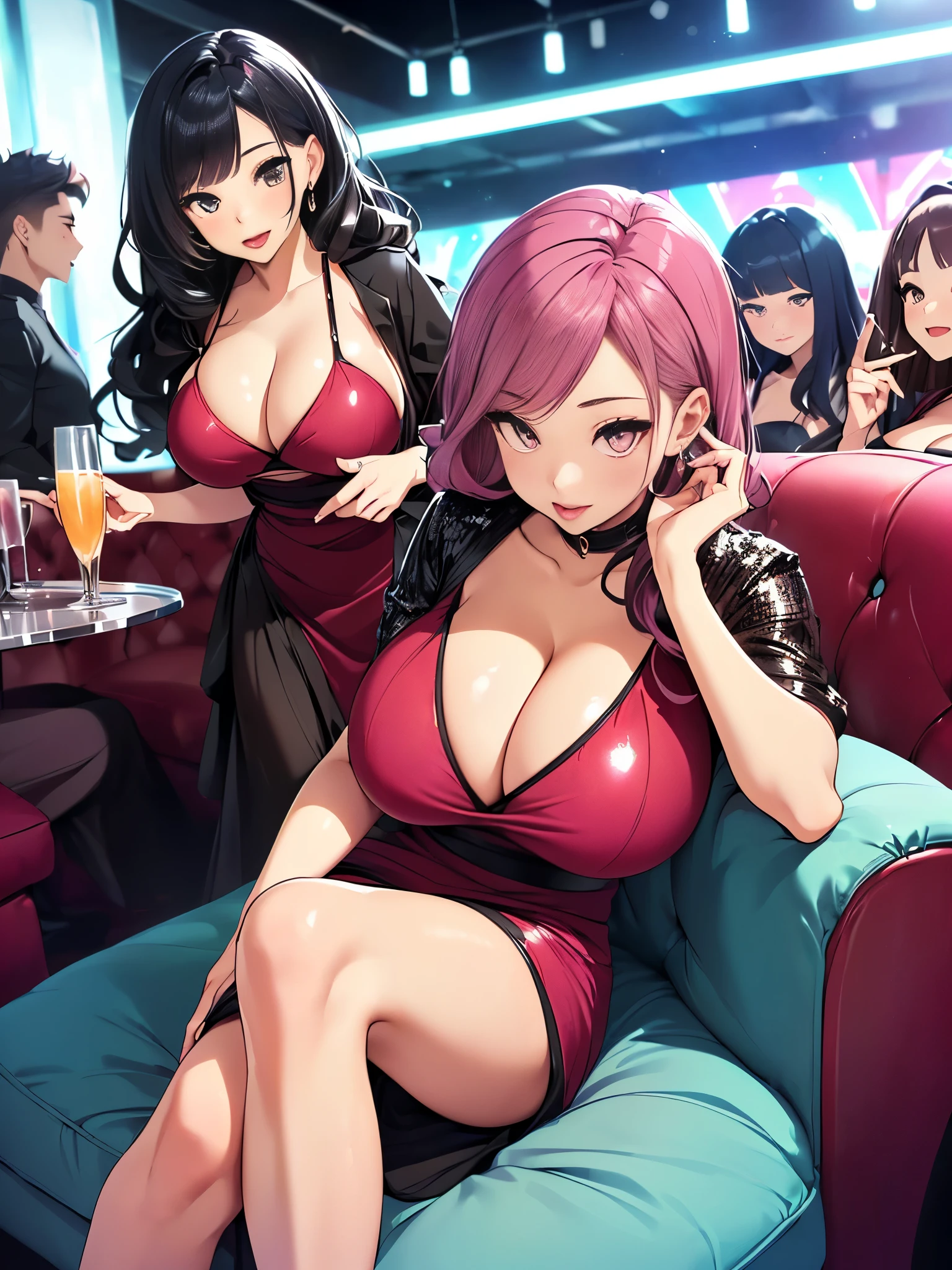 (5 Cute Girls:1.5)、Gal girl、(big cleavage、tight clothes、(Accurate human body、Detailed people、Correct five-finger、4K - ultra-vivid、highest quality, masterpiece, Ultra-high resolution, Detailed Background、The perfect background、　　　　　　　　　　　　　　　
full shot, /red eyeliner/、/fluorescent pink glossy lipstick/)、long shot, Beautiful depiction、knowledgeable person、detailed background、earrings、clavicle、(((big breasts)))、((long full shot:1.8))、One Girl, slim, (kind, Goddess-like eyes) 、(happiness: 1.2), (Lip gloss, Long eyelashes, Gloss Face, (gyaru:1.3, gyaru makeup、hostess:1.3, nightclub:1.5, nightclub girl:1.3, lounge girl:1.2), ((Big Breasts)), split long Velvet dress、Sequins、Red big sofa、Head to knee diagram、A soft smile、Open your mouth a little、Drink alcohol too、Drunk