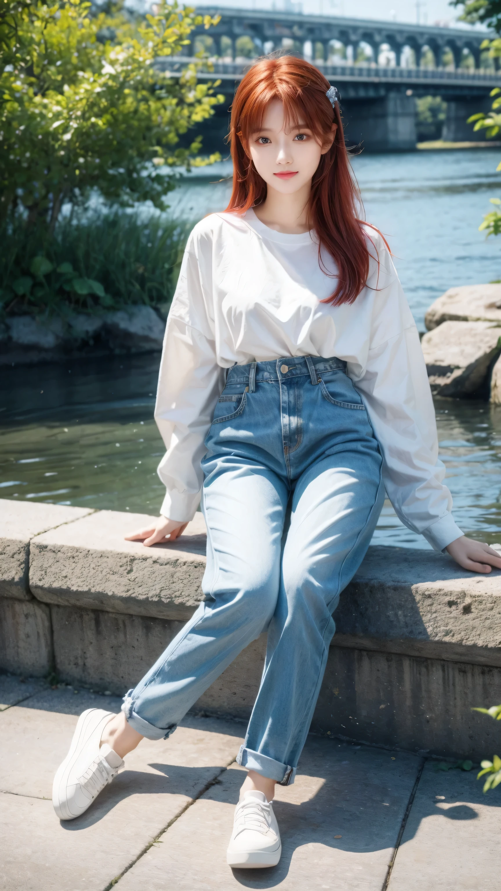 The art of math, (girl, Red_hair, Flowers, Baggy jeans, White shirt, A cautious smile, Cute appearance), (Sit on a bench, River in the background, prime time),, author:Daniil Suponitskiy jpegman