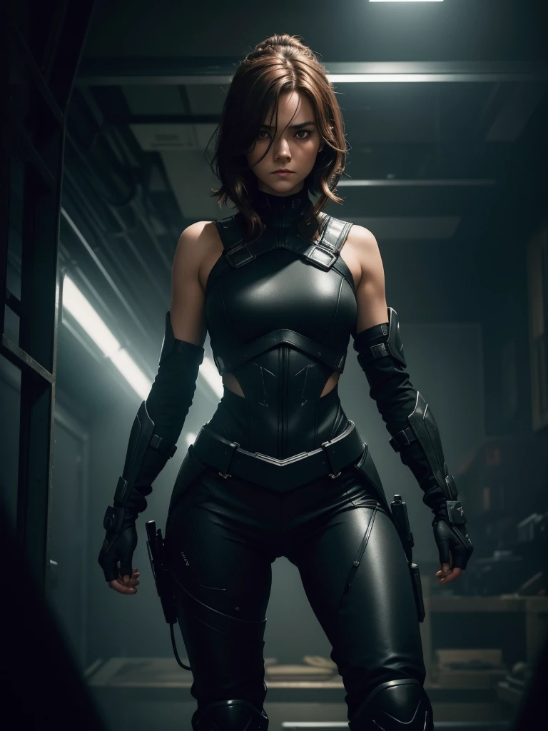 In the dimly lit room, a European woman dressed in a sleek, black battle suit shines under the faint glow of neon lights. Her combat clothes cling to her toned figure, accentuating her cute and frame. With a sci-fi atmosphere surrounding her, the closeup portrait showcases her determined expression and piercing green eyes that gleam with intensity. Her fair skin adds a sense of contrast to her dark attire, as her short, messy, reddish-brown hair cascades off her shoulders, framing her round yet defined face. The picture, taken in a Dutch angle, highlights her form as she stands ready for action, showcasing her combat boots and the