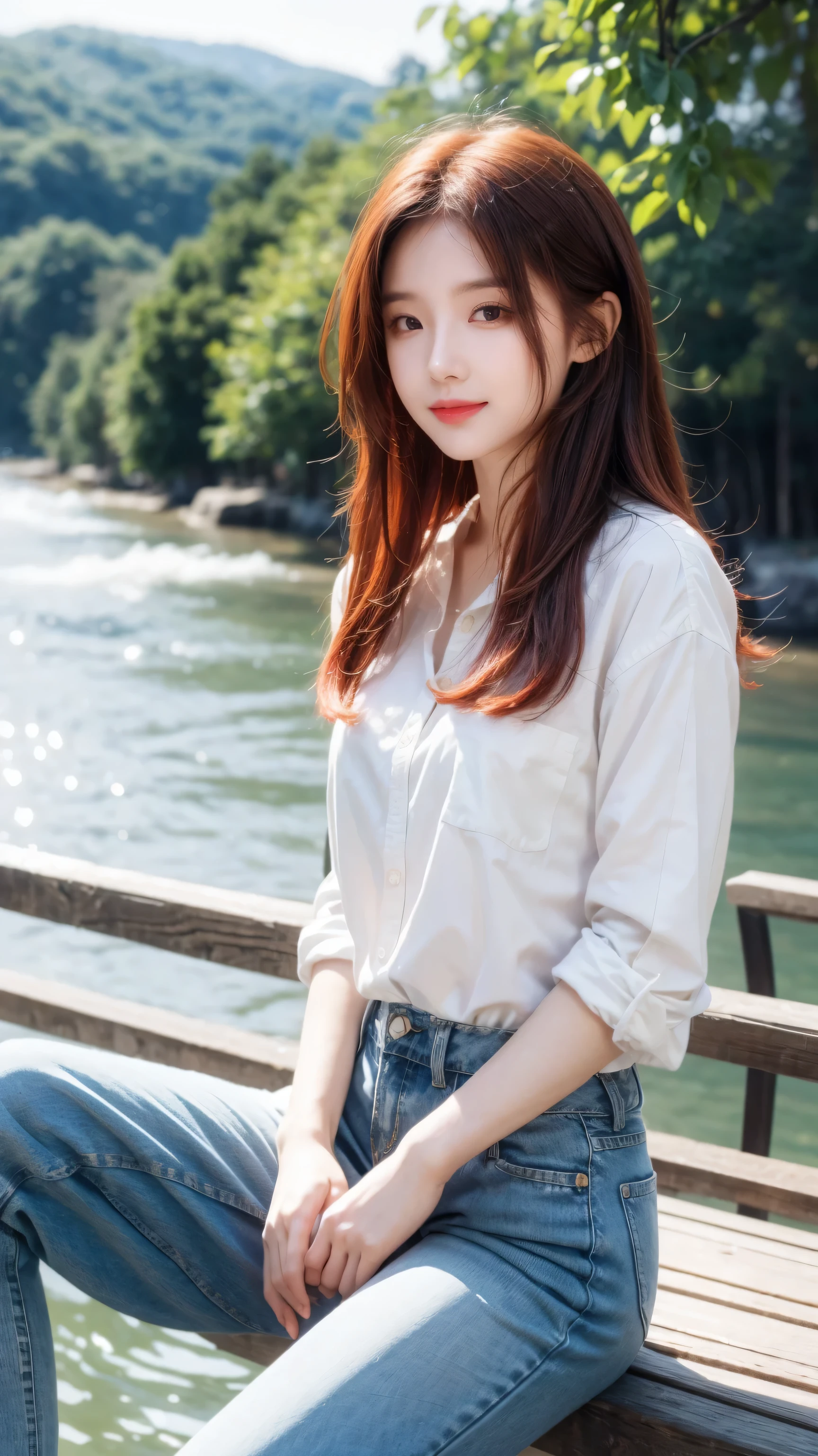 The art of math, (girl, Red_hair, Flowers, Baggy jeans, White shirt, A cautious smile, Cute appearance), (Sit on a bench, River in the background, prime time),, author:Daniil Suponitskiy jpegman