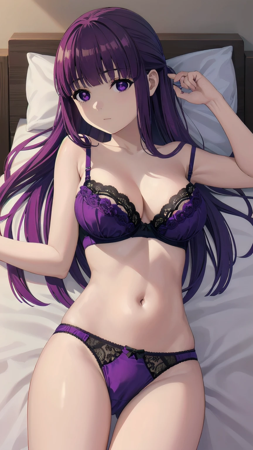 (((Pixel Perfect, Perfect detail))), One Girl, alone, Fern, Long Hair, bangs, (Purple eyes:1.1), Purple Hair, Side Lock, blunt bangs, (Bright Eyes:1.5), Half Up, (bra:1.3), (I can see her panties:1.3), (Lying in bed:1.3), indoor, whole body