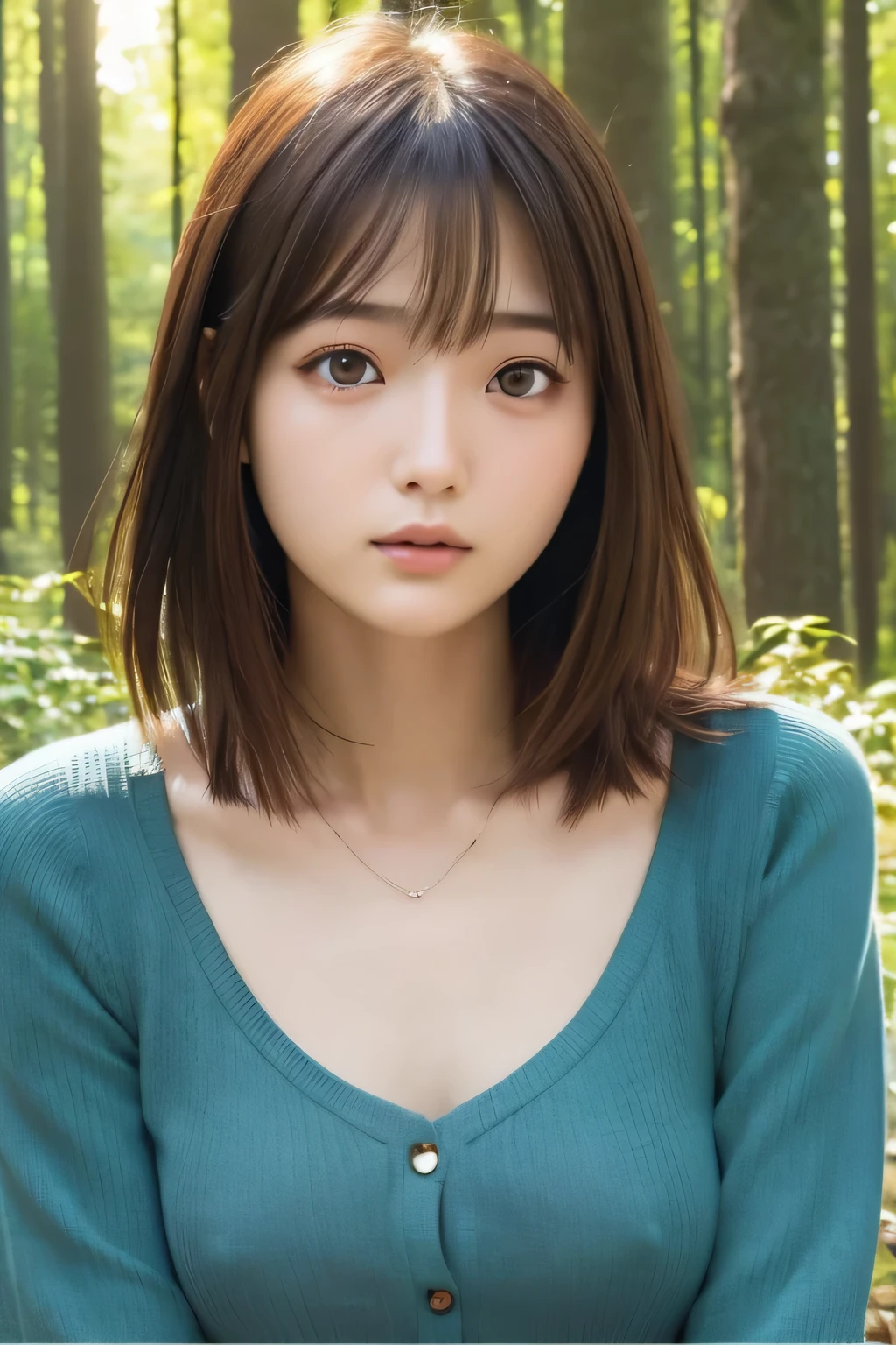 one Japanese girl, (a beauty girl, delicate girl:1.3), (20-year-old:1.0), break, (summer、 blouse:1.3), break, (in the forest:1.3), break, Extremely fine resolution, (Symmetrical eyes:1.3), break, Small breasts, Brown eyes, Parted bangs, Brown Hair, girl, break, (Eye and facial details:1.0) break, (masterpiece, highest quality, Very detailed, Detailed face, 8K)、(Nipples visible through gaps in clothes:1.0)、stand、slouch、face down、Side view、Clothes get torn