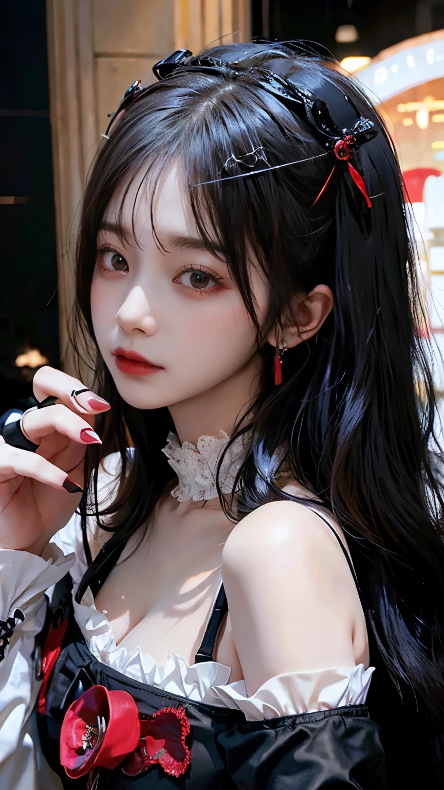 Red Eyes、White Hair、Long Hair、Black hair ornament、goth lolita fashion、Exposure is modest