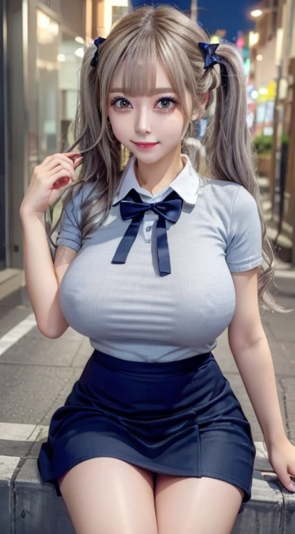 (8k, RAW Photos, highest quality, Learning:1.3),(Realistic,photo-Realistic:1.37),(night),(The audience watching:1.331),(Gray Hair),Pause,Tokyo Street,nightcityscape,Cyberpunk City,Soft Light, One girl, Very beautiful face, Perfect Body Proportions, focal distance, bust, casual hairstyle, smile, Big eyes, (short sleeves ＪＫ_shirt), ＪＫ_style, (navy ＪＫ_skirt), (bow ＪＫ_tie), Mix 4, Fine grain、Gal Makeup、Very large breasts、Twin tails