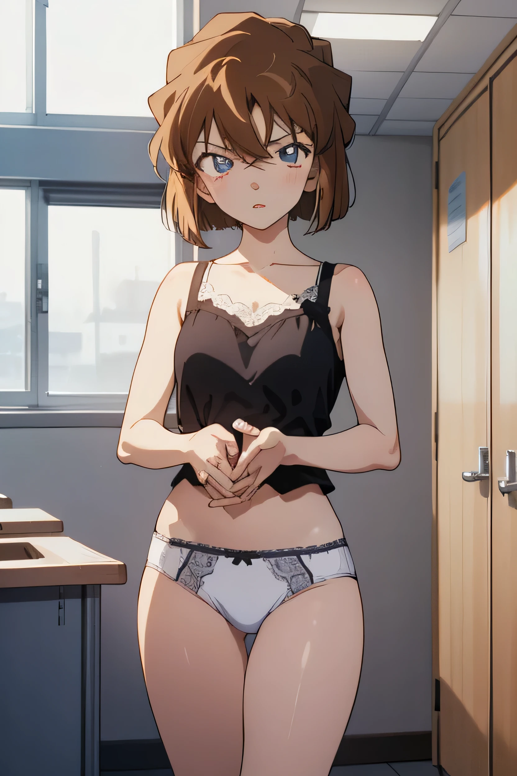 One girl,,Haibara Ai ,Detective Conan, short hair,School, Health Room, Physical examination, In underwear, White lace panties,masterpiece ,8k unity wallpaper,Anime key visual,highest quality, High resolution, unity 8k wallpaper, (shape:0.8), Highly detailed face,Highly detailed eyes,Shining Eyes , Shiny skin,Fine skin,White skin,dense skin,Detailed Hair,Very elaborate legs,Perfect lighting, Detailed CG, (Perfect hands, Perfect Anatomy),High resolution,(Detailed wear ),Thin limbs, Delicate curves, Graceful Hands,shape:0.8,