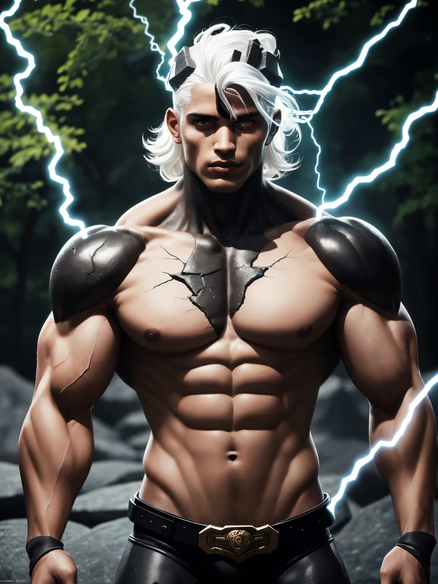 black humanoid made of rock, upper body, barechested, male,  ((masterpiece, best quality)),  cracked skin, white electricity coming through cracks, muscular male, (dragonborn:0.6), white hair
outdoors, detailed background depth of field