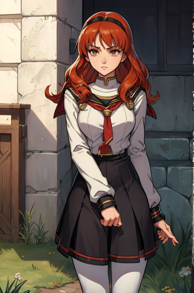 Celica (Fire Emblem Echoes: Shadows of Valentia) reimagined as a sukeban deka girl, best quality, black pantyhose, 1girl, black ,black serafuku, sailor collar, black long skirt, long sleeves,