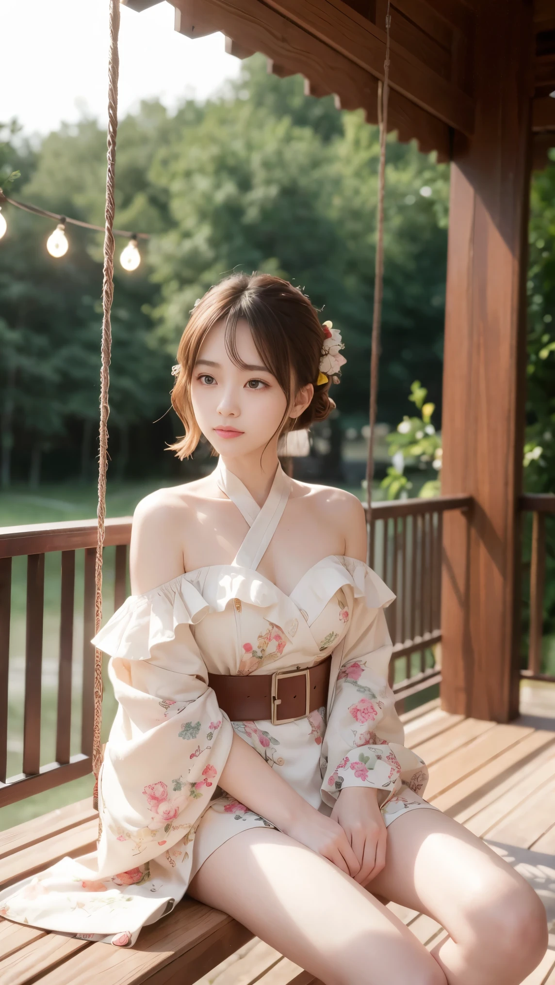 ((knee shot)), Shot from random angles, Chinese beauty, Random Scenes, group photo, grace, dignified, Slim, Thin waist, curls, Period clothing, Hanfu, Tang Suit, Off-shoulder, Chinese style, Floral, pattern, High waist, Beautiful belt, blond hair, Warm lamps, Warm colors 纤细双腿, Cross your legs, night, moonlight, In the gazebo, sitting on the swing, swing, Warm lamps, Warm colors, Dynamic poses, grace地摆姿势, Blonde hair, Striped hair, Hair accessories, Heart-shaped pupil, cosmetic, A faint smile, Shy, Licking lips, , Social realism, Chiaroscuro, Motion Blur, Relief, Sony FE GM, Ultra HD, masterpiece, textured skin, Super Detail, best quality