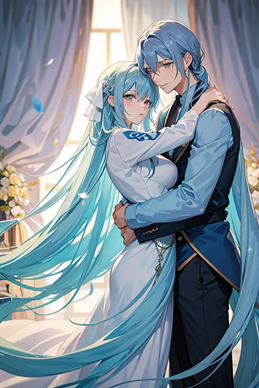 Woman with light blue long hair hugs husband