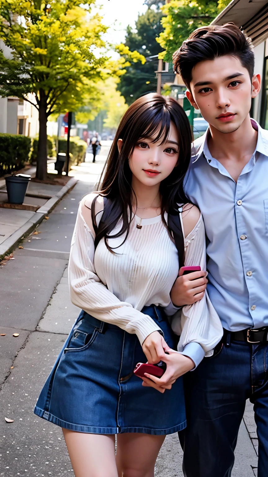 Young couple dating、Beautiful men and women taking photos with smartphones