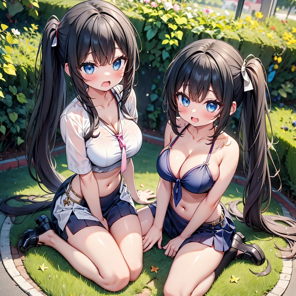 highest quality,wonderful,finely,extremely detailed CG Unity 8K wallpaper, (Stand in line:1.2), (3 girls, cute eyes, Black Hair, side ponytail, clothed), (sparkling eyes:1.2), (huge breasts), (wariza:1.4), (cleavage), (midriff peek:1.2), (open mouth:1.1), (long tongue:1.1), (mouth drool:1.1), (black stockings:1.1),(Thighs:1.2),(Waistline:1.1),(Waistline), (From above:1.4)