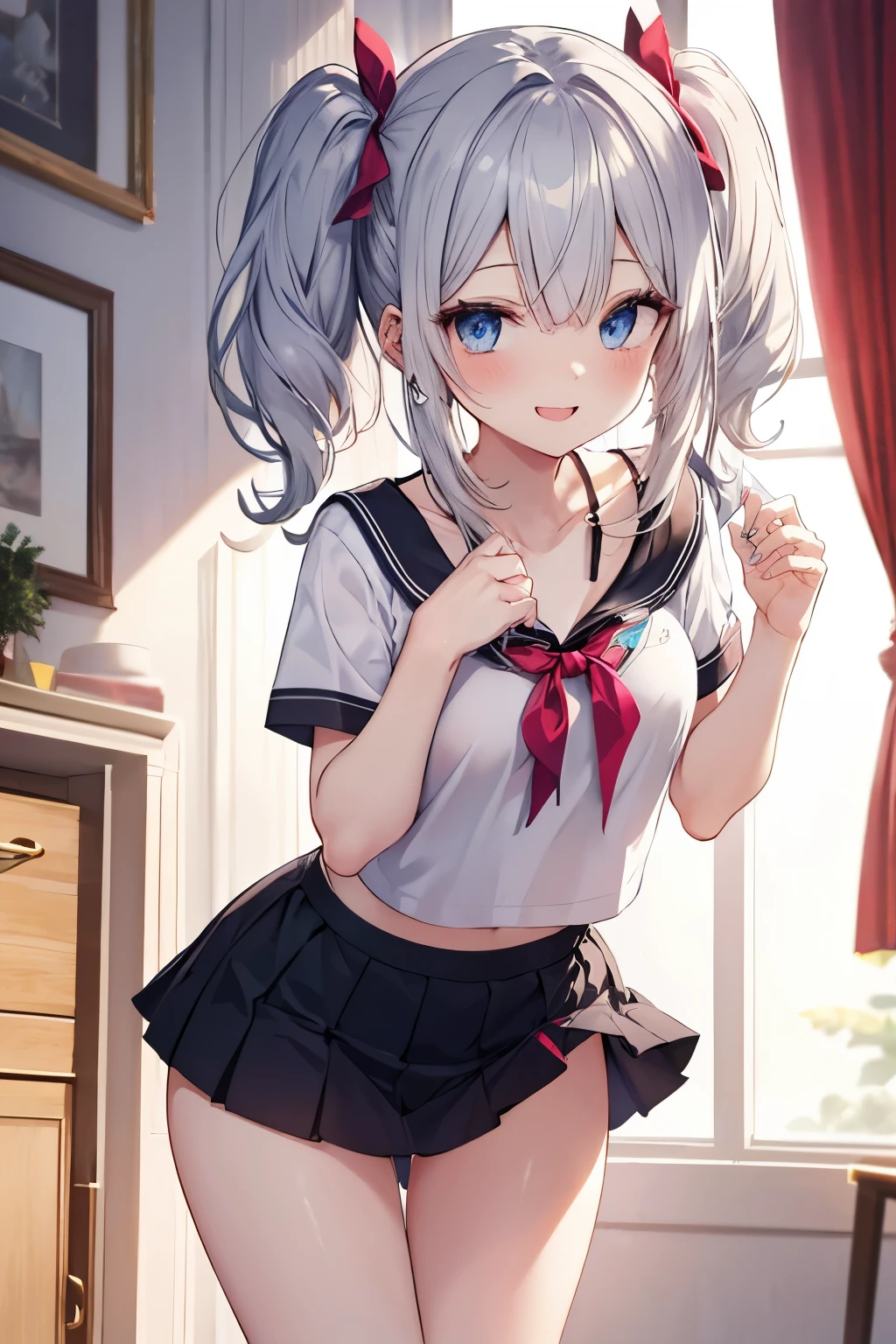 best quality, ultra precision, 1girl, cute, , young, boyish, childish, sbreasts, silver hair, cat ears, blue eyes, beautiful eyes, girl, ecstasy, sailor collar, estrus, metestrus, start to undress, naughty mood, she loves you, sexy, lost virgin, virgin, blush, beautiful skin, big bow on chest I'm not wearing panties open legs