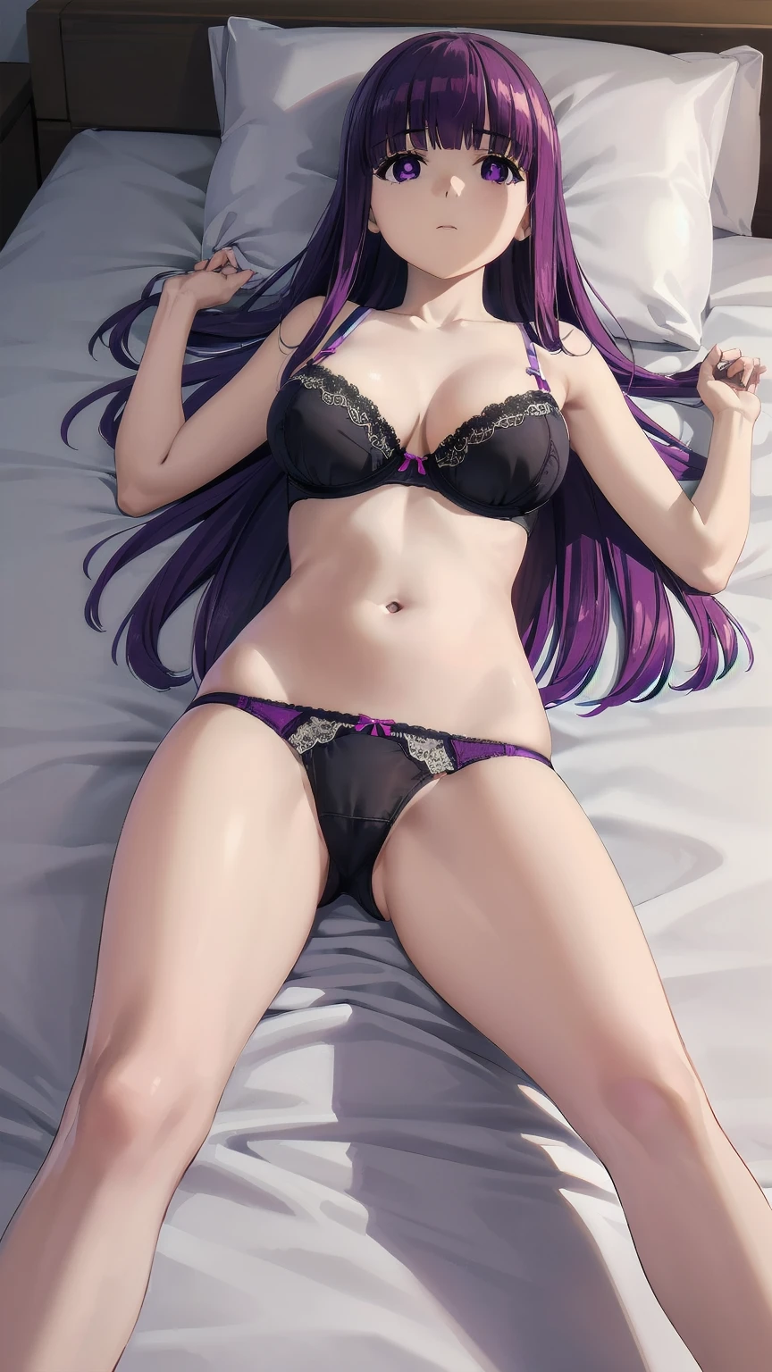 (((Pixel Perfect, Perfect detail))), One Girl, alone, Fern, Long Hair, bangs, (Purple eyes:1.1), Purple Hair, Side Lock, blunt bangs, (Bright Eyes:1.5), Half Up, (bra:1.3), (I can see her panties:1.3), (Lying in bed:1.3), indoor, whole body