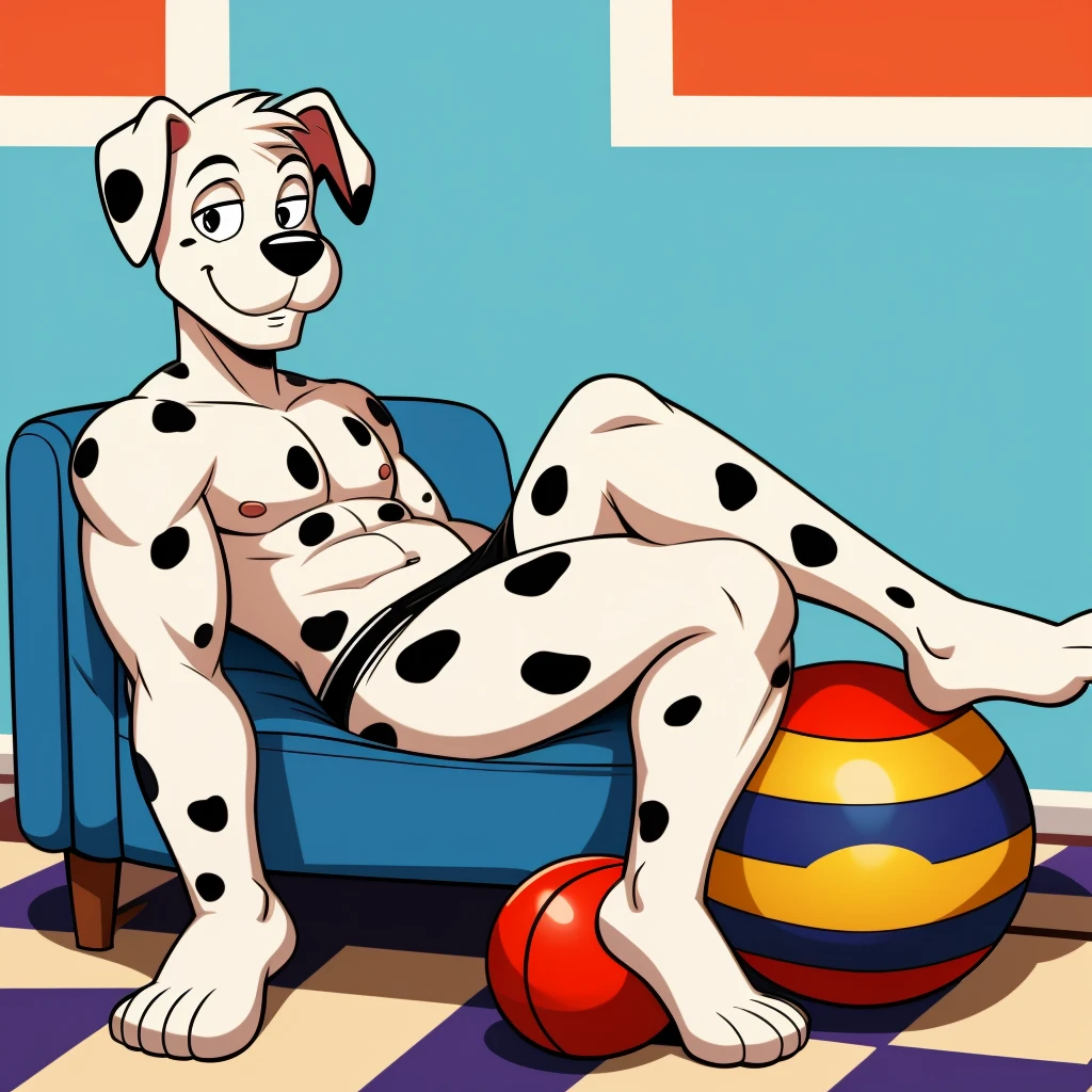 A anthropomorphic white descent Dalmatian character wearing black swimming shorts and has thick sexy thighs and sitting down on the floor with his right leg on his ball and left leg down and with crossed legs and in the Hanna Barbera 50s animated aesthetic