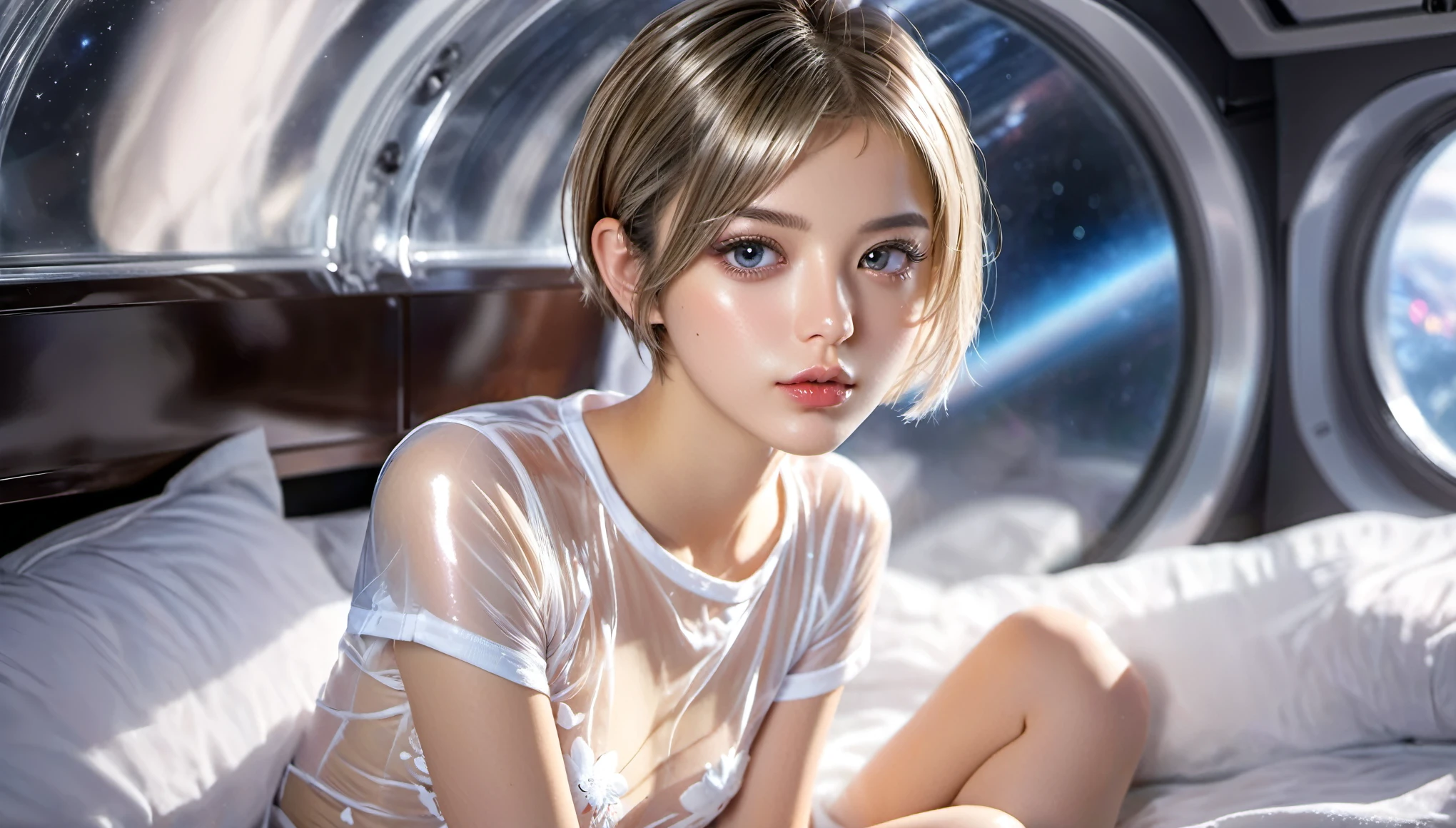 Top Quality, Masterpiece, High Resolution, 8k, (cute girl in a shiny see through pajamas with small breasts, small hips), beautiful detailed lips, extremely detailed face and eyes, side cut hair, short sleeves, shiny, transparent, see-through pajama with shorts, pixie side shaved hair, in a spaceship, on the bed