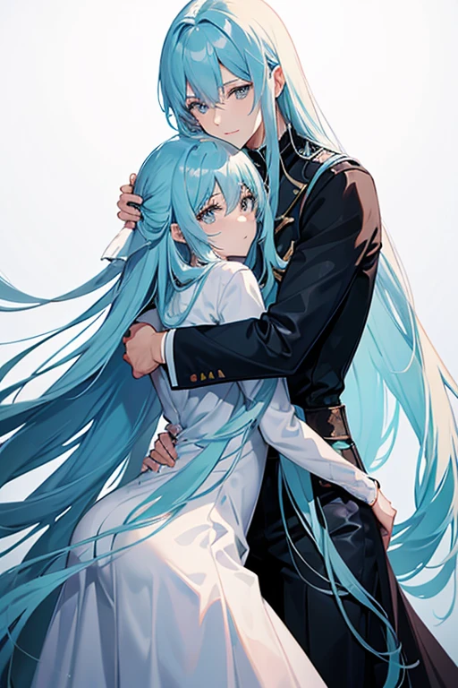 Woman with light blue long hair hugs husband