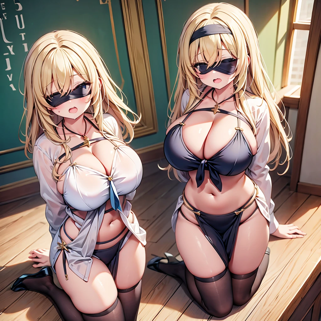 highest quality,wonderful,finely,extremely detailed CG Unity 8K wallpaper, (Stand in line:1.2), (3 girls, blonde, clothed), (huge breasts:1.6), (wariza:1.4), (cleavage), (midriff peek:1.2), (open mouth:1.1), (long tongue:1.1), (mouth drool:1.1), (black stockings:1.1),(Thighs:1.2),(Waistline:1.1),(Waistline),(black blindfold, blindfold:1.5), (From above:1.4)