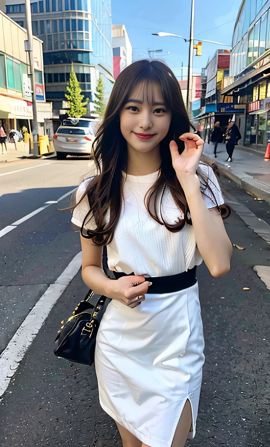 Ulzzang-6500-v1.1, (RAW Photos:1.2), (Realistic:1.4), Beautiful detailed girl, Very detailed eyes and face, Beautiful fine details, Beautiful legs、Ridiculous, Incredibly Ridiculous, Large file size, Super detailed, High resolution, Very detailed, highest quality, masterpiece, Kemomimi,(,Tight dress） Face Light, Cinema Lighting, 1 girl,  (smile), (Seductive poses))), Full length portrait of a high school girl standing in a bright city street。。She is wearing black loafers on her feet.、The shoes are clearly visible in the bright sunlight.。Behind him are tall buildings and people passing by.々You can see。Her expression is positive and confident。