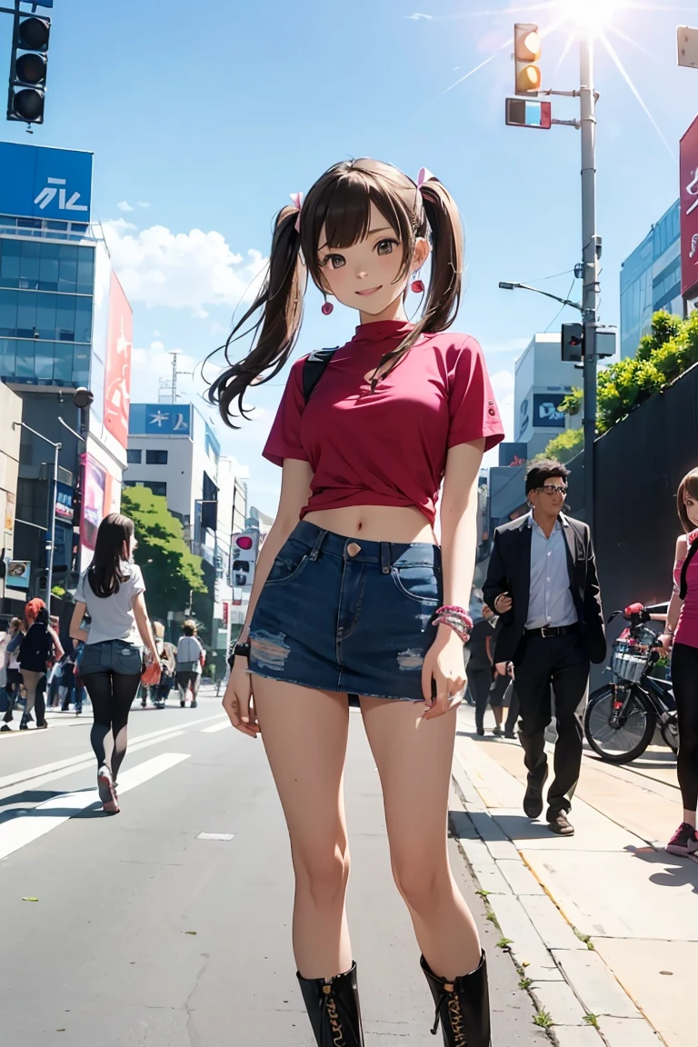 (high resolution, Best Quality:1.2), smile, looking straight, Anime style illustration of a young girl with brown hair in twin tails tied with pink ribbons, wearing a vivid cropped top, denim miniskirt, and platform boots. She has large earrings and multiple bracelets, sparkling in the sunlight. Her expression is more distinctly cute and slightly emotional. The background is the busy Shibuya Scramble Crossing during a sunny day, with active people and colorful advertising boards, conveying urban vigor and energy.