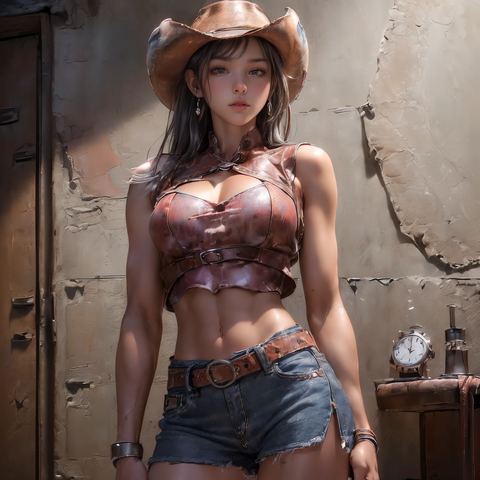 (Ultra-detailed, 8K, Raw photo, Best Quality, masutepiece:1.2), high-definition RAW color photography, professional photograpy, ((cowboy shot)), (wet body),(upper body:1.4) (Realistic, photographrealistic:1.37), (finerly detailed face:1.2),((dark theme)),(((midnight))), (masutepiece:1.5), (Best Quality:1.2),(dark_skin), ((slender)),looking at viewer, (Narrow waist), muscular, (large breasts:1.8), (1 half mechanical girl),(Solo), (Short Bob Multicolor Hair) ,(dieselpunk:1.5),action,(Metal prosthesis:1.4), (Rusty Robotic Arm:1.5),(Navel), (Glowing metal parts:1.4),(Fine scratches on the surface:1.4),(Contrasty:1.2),(Weathering:1.4),(Aging:1.6), (zettai ryouiki:1.5), (Very short leather vest),(Ripped_Short_Shorts:1.3),(Ripped_leather tank top:1.3),( Line:1.5)(Abs:1.25),cleavage,
Wearing ((Rusted and damaged helmet:1.4)), Looking away, Damaged combat uniform, Damage to the flight jacket, Leather damage during wear, eye wear, (All the joints of the android's body are made of gears.),(Lots of ruins:1.3),(decline, Overgrown with ivy,A half-destroyed building overgrown with mossy broken window glass:1.2),(Drip the oil, 3 Dirt on the floor),(Lots of waste:1.2),(Rusty, broken, old machinery and vehicles), (Heavy_Rain:1.4),(((Midnight,darkness))),
panoramic photo, Wide-angle view, Immersive landscapes, Stunning views, Vast Scene, Visual depth, breathtaking perspectives,