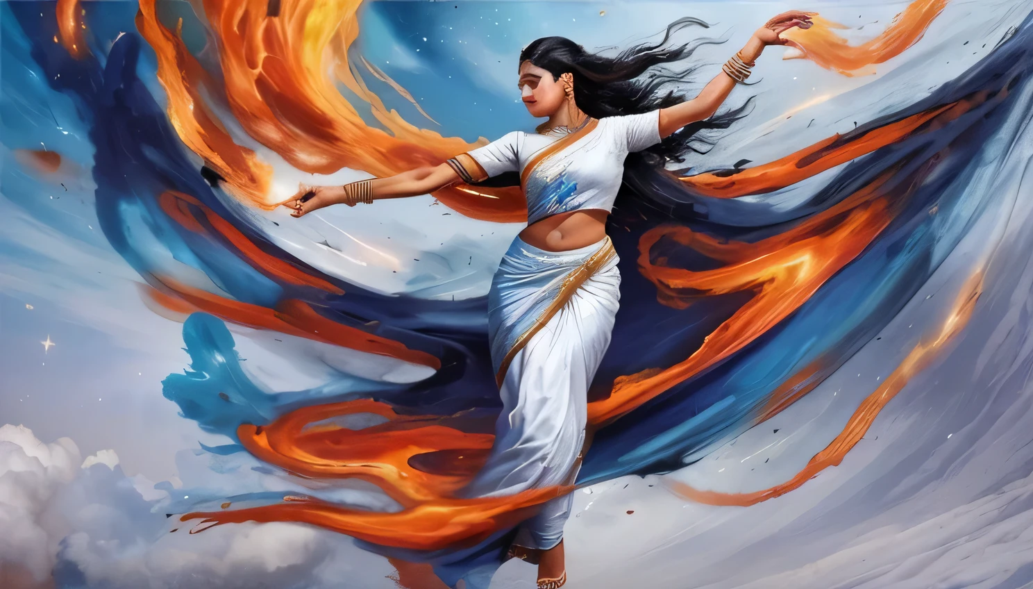 Shakti..Energy,..Indian Bharatiya Women... Fiery and Cool.. In Full Action.. In Modern times. With India Illuminated in the backdrop. Dressed in Traditional Indian White Saree..Flowing and glowing in morning sunrise. futurism . No extra limbs Hindu Temples in the Background. The realm of the sky,Genting Heavenly Temples,Ethereal,A wonderland above the clouds . The stars are not points of light, but swirling galaxies painted in a Pollock-esque drip technique, their colors a mix of Frida Kahlo's signature teals, fuchsias, and yellows. a landscape stretches out, defying gravity.