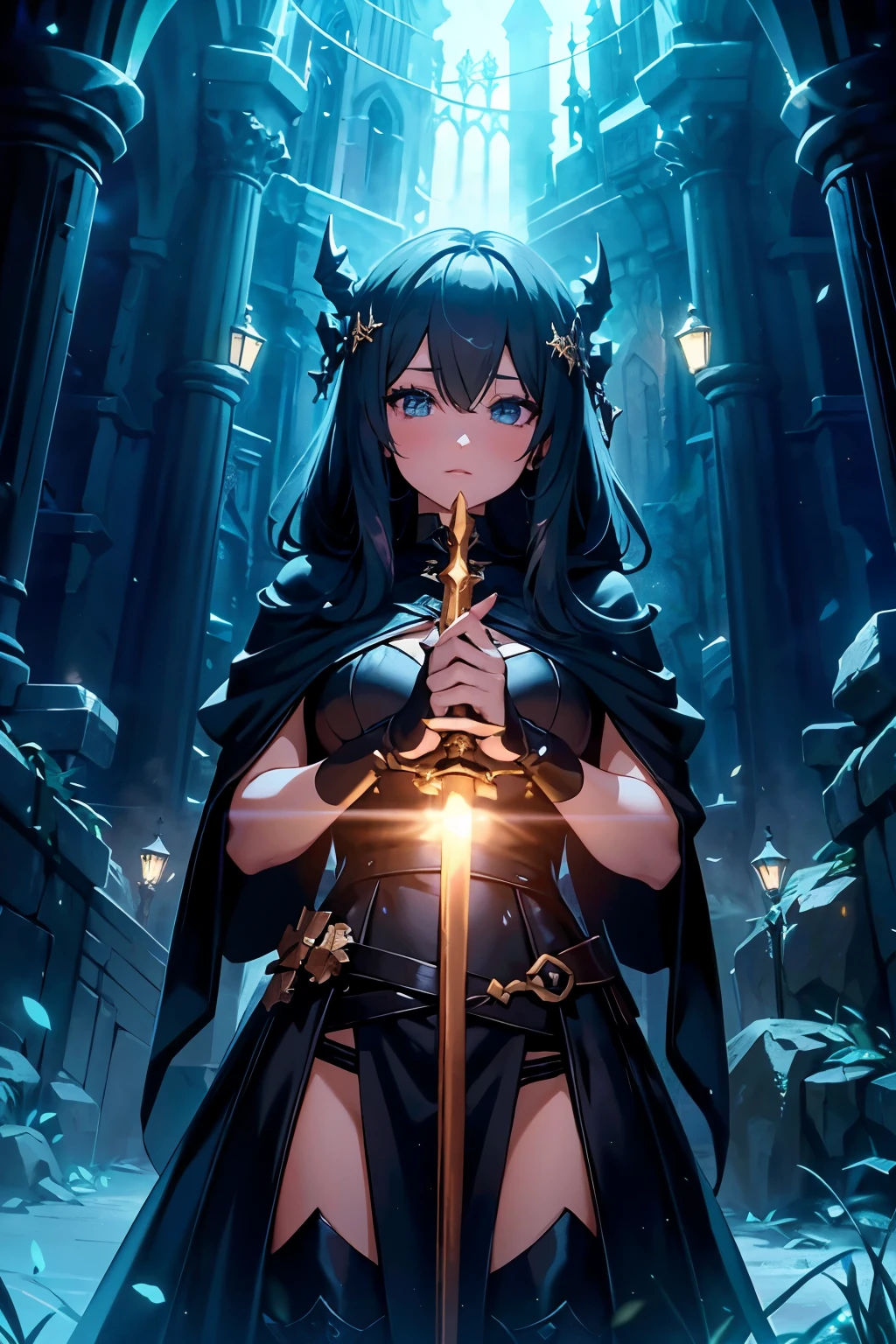 Style fantasy, a woman in black outfit , the girl holding a big gold luminescent sword, extremely detailed type germe, beautiful outdoor,many lights effects,magic effets, Ray tracing, rtx, full details, high quality, HD, beautiful succube, Reine des Dragons, succube | Medieval, par Yang J., detailed digital animated art,detailed anime, 