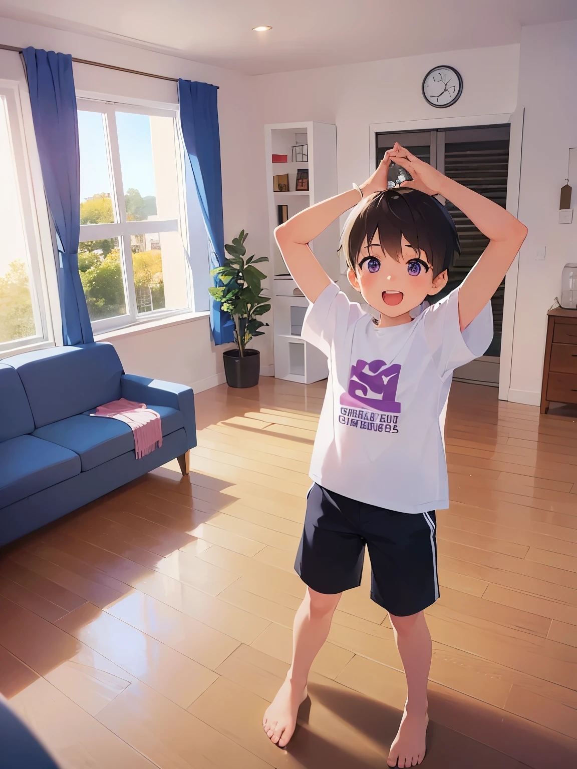 arms up、、masterpiece、highest quality、 (Short hair with brown bangs) and (Purple eyes) and (5 boy:1.5)、Boy, (white) and (T-Shirts)、smile、open mouth, Are standing、The background is the living room、The upper body is shown、Alone、