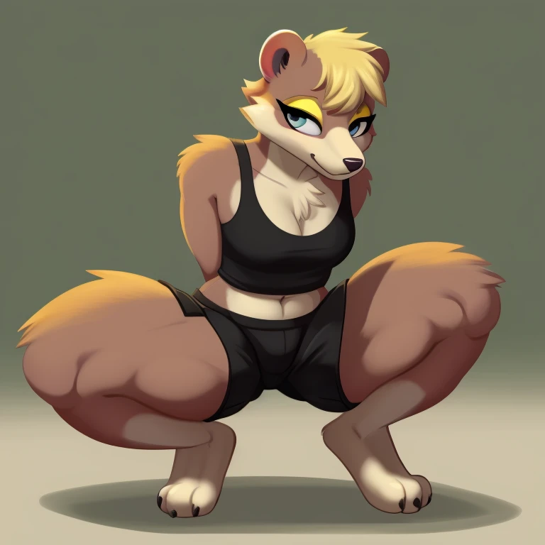 White anthro mink, masterpiece, high quality, crisp, clean, thick thighs, wearing black shorts, squatting down, bored expression, 