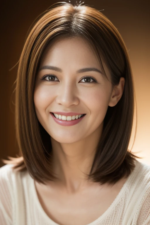 Masseter Film, highest quality, masterpiece, High resolution, realism, Original photo, 8k wallpaper, perfection, Professional Lighting, Very detailed, Written boundary depth, ((Beautiful woman)), ((Sexy 43 year old woman)),,  ((smile)), Detailed face, Beautiful Eyes,, bangs, A photo of your face, (sexy look), Brown long hair, (Thick lips), View your viewers