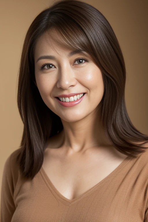 Masseter Film, highest quality, masterpiece, High resolution, realism, Original photo, 8k wallpaper, perfection, Professional Lighting, Very detailed, Written boundary depth, ((Beautiful woman)), ((Sexy 43 year old woman)),, ((smile)), Detailed face, Beautiful Eyes,, bangs, A photo of your face, (sexy look), Brown long hair, (Thick lips), View your viewers