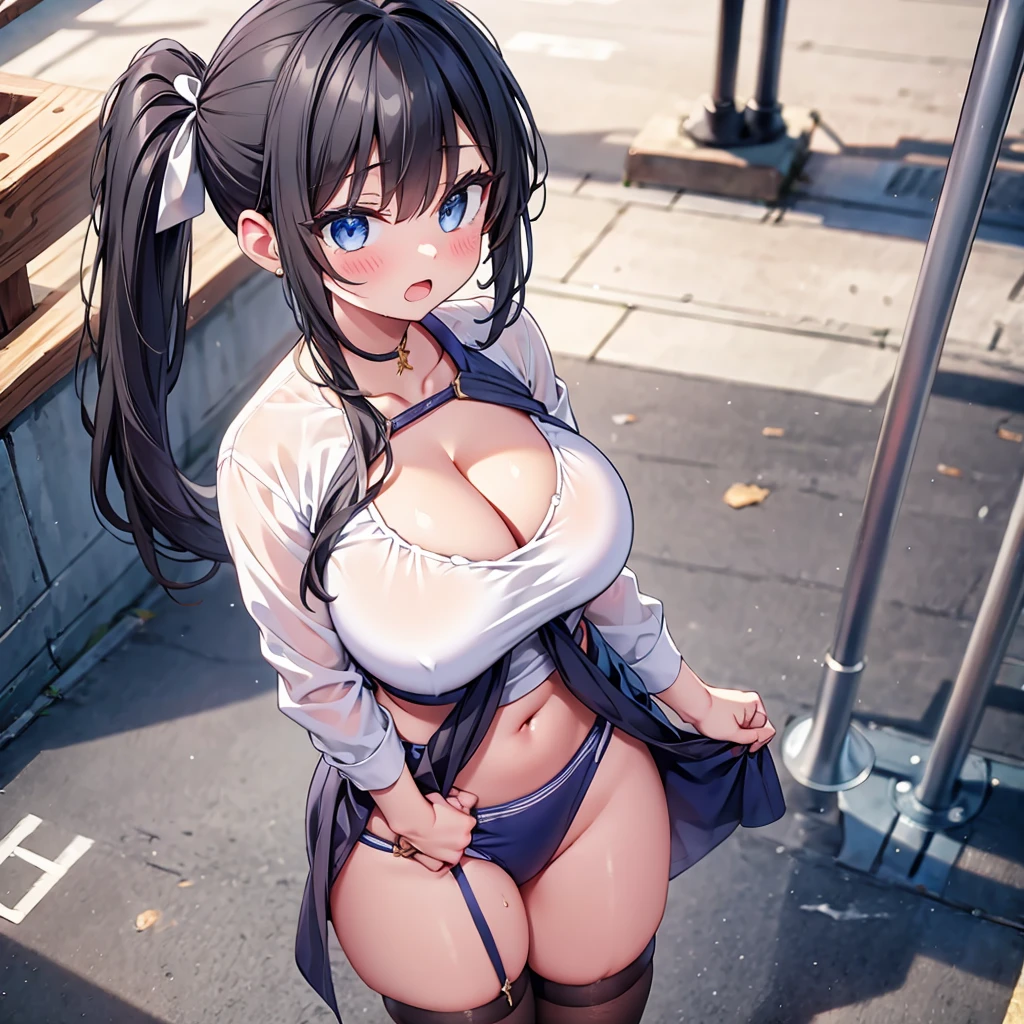 highest quality,wonderful,finely,extremely detailed CG Unity 8K wallpaper, (Stand in line:1.2), (3 girls, cute eyes, Black Hair, side ponytail, clothed), (sparkling eyes:1.2), (huge breasts), (wariza:1.4), (cleavage), (midriff peek:1.2), (open mouth:1.1), (long tongue:1.1), (mouth drool:1.1), (black stockings:1.1),(Thighs:1.2),(Waistline:1.1),(Waistline), (From above:1.4)