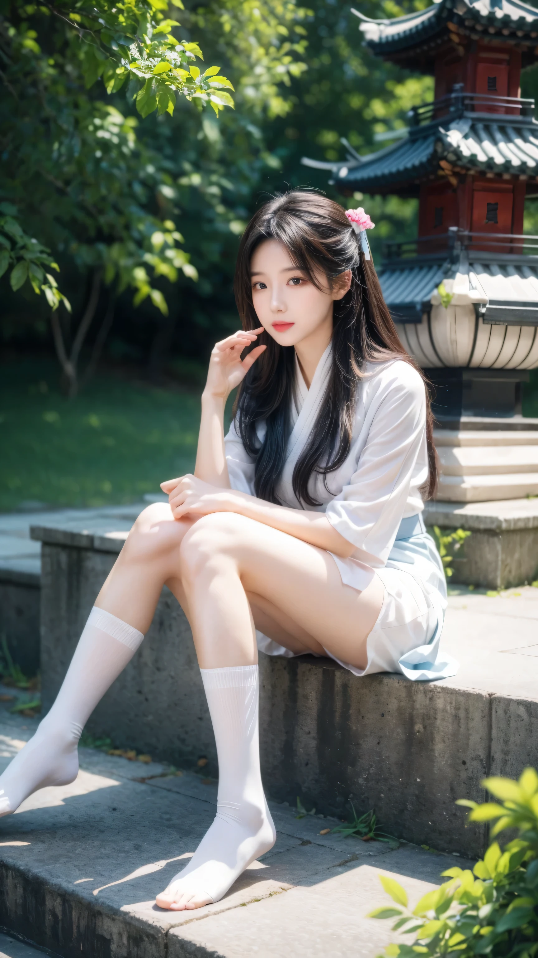 Hanfu, 1 Girl, Medium breasts, cleveage, Mountain, soaking foot, sitting, Chinese Park Background,White stockings,Shimizu,(foot:1.3), Too many flowers,  