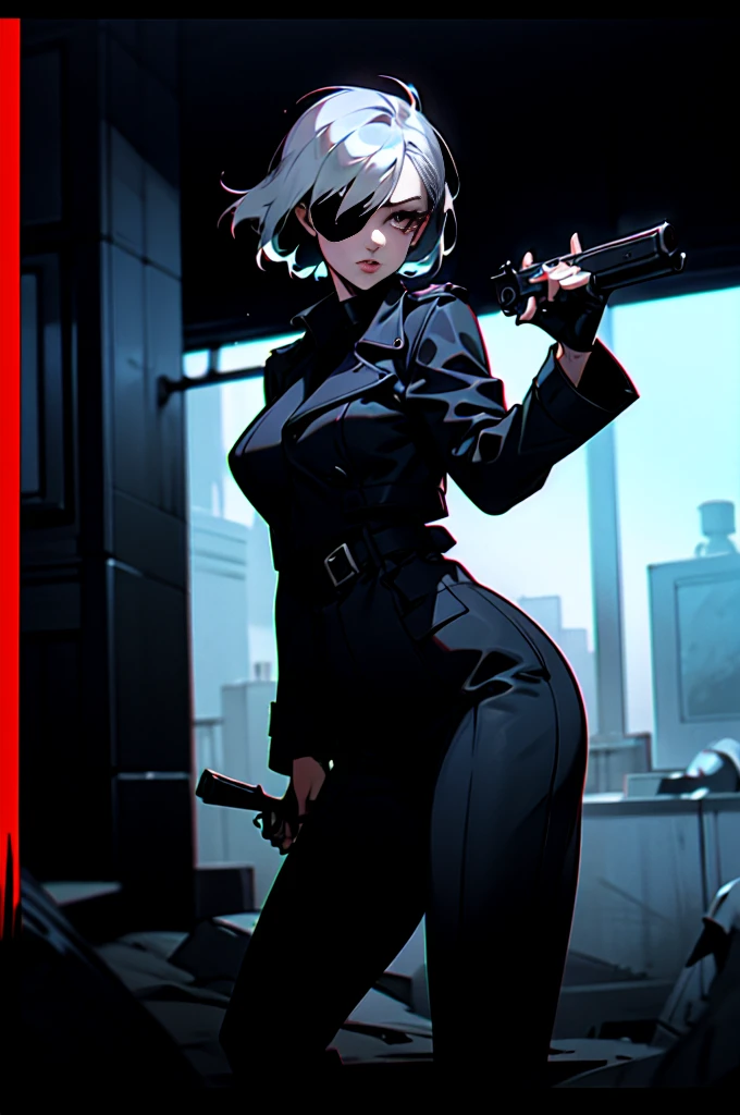 imagined a cartoon ???? milf detective woman  whit short silver hair who ad a eye patch on her left eye in a trench coat holding a revolver in 1950 black and white thriller movie, 50's, retro, spy movie, world war 2, front pose
