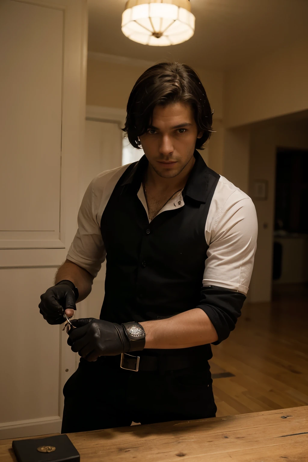 An Italian very handsome medium-length black hair man, 30 yo, athletic, best quality, holding a garrote in gloves, professional assassin, elegant