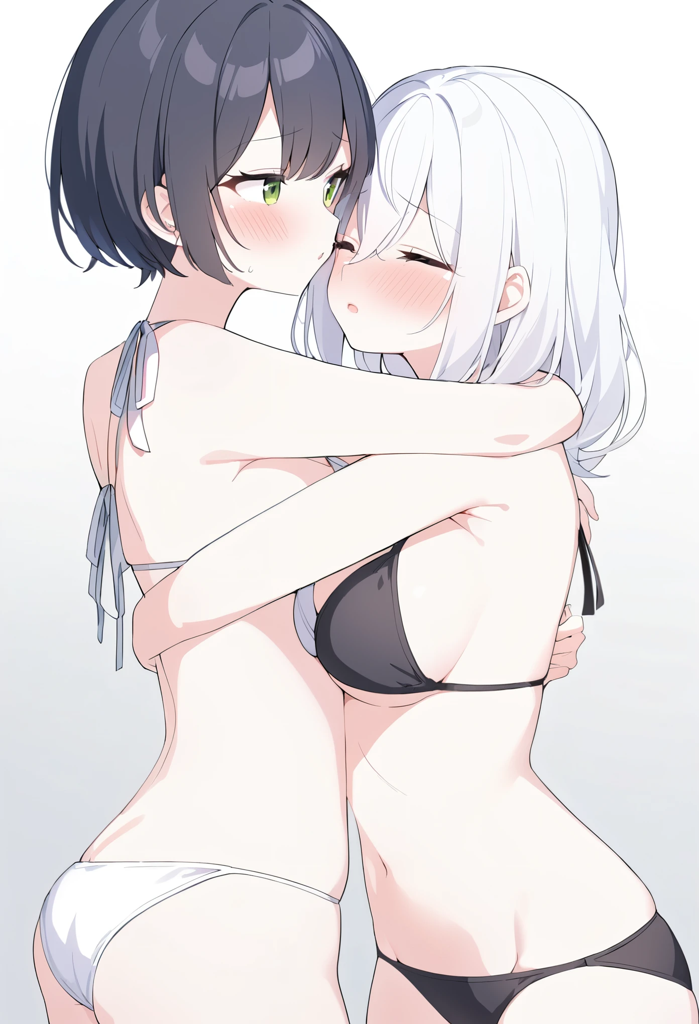 2 women with white long hair and black short hair, medium breasts, wearing bikini, hugging each other, blushing, cowboy shot, kissing