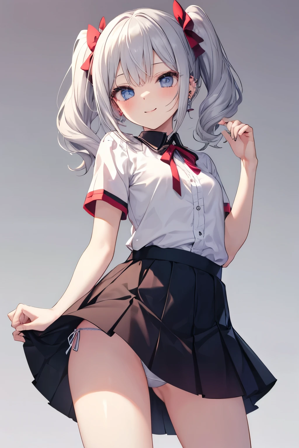 Silver-haired blue eyes、 girl、Small breasts、Twin tails、Laughter、Nico Nico Smile、Wink、 girl、Looks about 、Petan Musume、short、There are highlights in the eyes、Gal-like appearance、Wearing piercings、She leans forward and seduces、Sexy short sleeve outfit、mini skirt、Her panties are visible through her skirt、It's very hot and I'm sweating、Showing off her chest