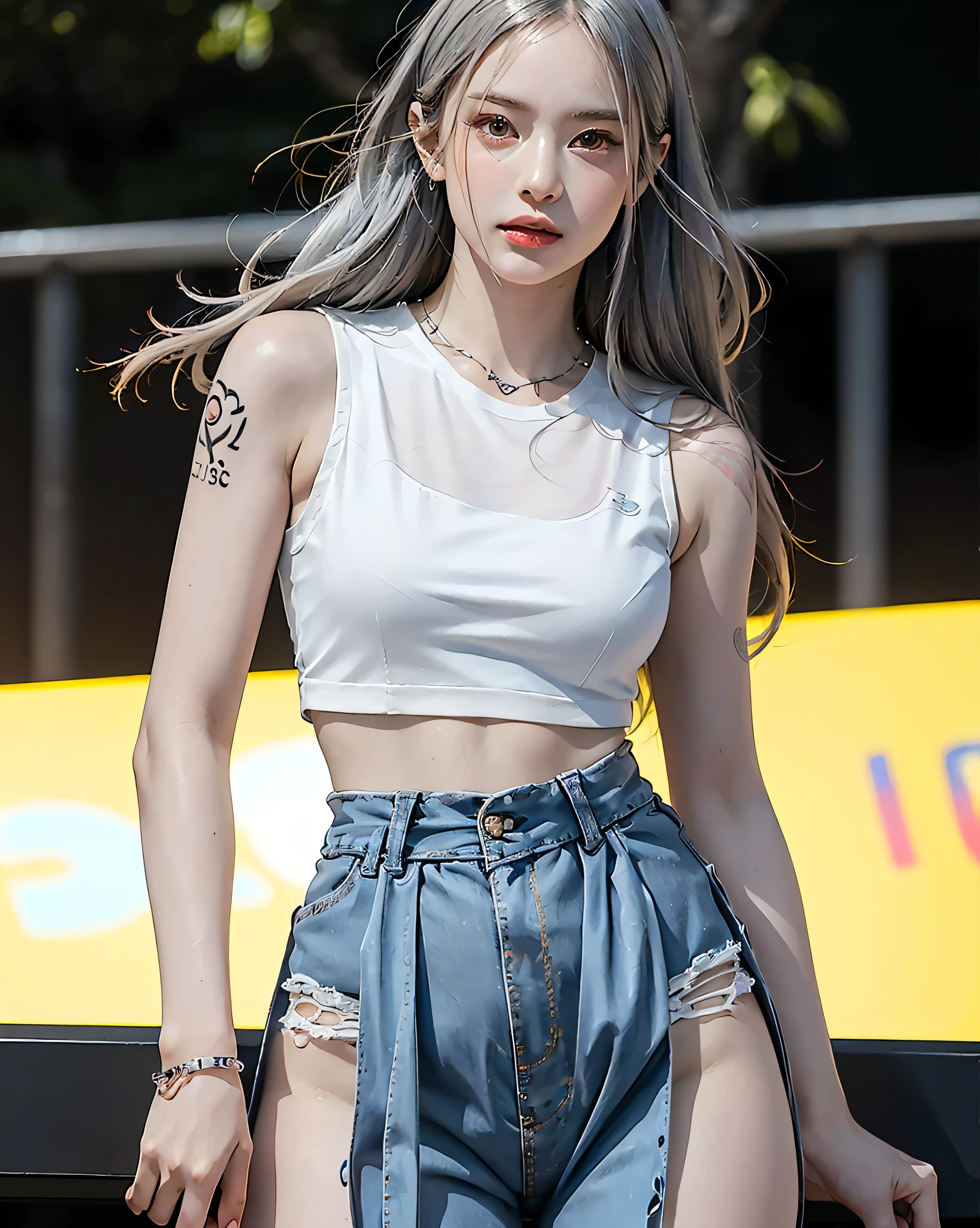 (Browsing Caution:0.7), Perfect Style, Beautiful Face, Highly detailed face and skin texture, (Maximum resolution: 1.2), 1 female,Hip Up, jewelry, (((He has many tattoos all over his body)), Streetwear, Silver Hair, panties, sneakers, (((Tight waist))), ((Big Breasts)),(See-through)