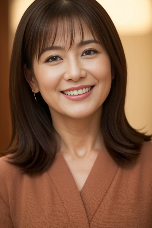 Masseter Film, highest quality, masterpiece, High resolution, realism, Original photo, 8k wallpaper, perfection, Professional Lighting, Very detailed, Written boundary depth, ((Beautiful woman)), ((Sexy 40 year old women)),, ((smile)), Detailed face, Beautiful Eyes,, bangs, A photo of your face, (sexy look), Brown long hair, (Thick lips), View audience