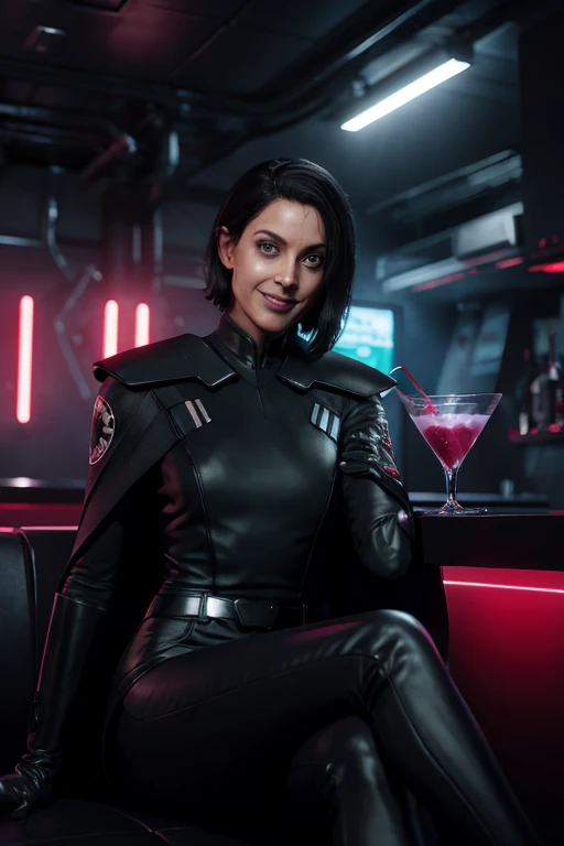 trilla,dark skin, short hair, green eyes, eye bags, eye shadow,armor,black gloves,tight bodysuit,black cape,black pants, looking at viewer, serious, tired, smiling, teeth, 
sitting, legs crossed, interior of a futuristic club, holding a martini glass with raspberry juice,
neon lighting, extreme detail, hdr, fantasy quality, 