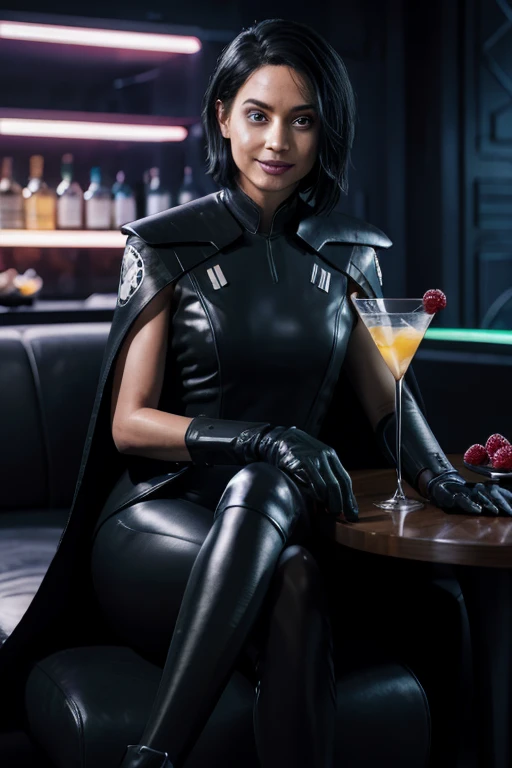 trilla,dark skin, short hair, green eyes, eye bags, eye shadow,armor,black gloves,tight bodysuit,black cape,black pants, looking at viewer, serious, tired, smiling, teeth,
sitting, legs crossed, interior of a futuristic club, holding a martini glass with raspberry juice,
neon lighting, extreme detail, hdr, fantasy quality,