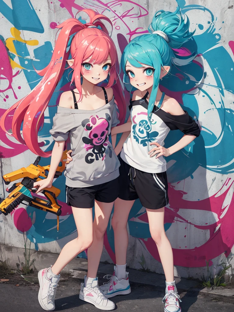 (best quarity,ultra detailed,ultra-high-resolution, 8k, masterpiece), very-cute-and-beautiful-anime-girl,highly-detailed-face-and-eyes, graffiti, neon colors, splatoon, 1girl, grin, bikini, opened, hoodies, show off shoulder, short-pants, sneakers, Equipping with weapons, 