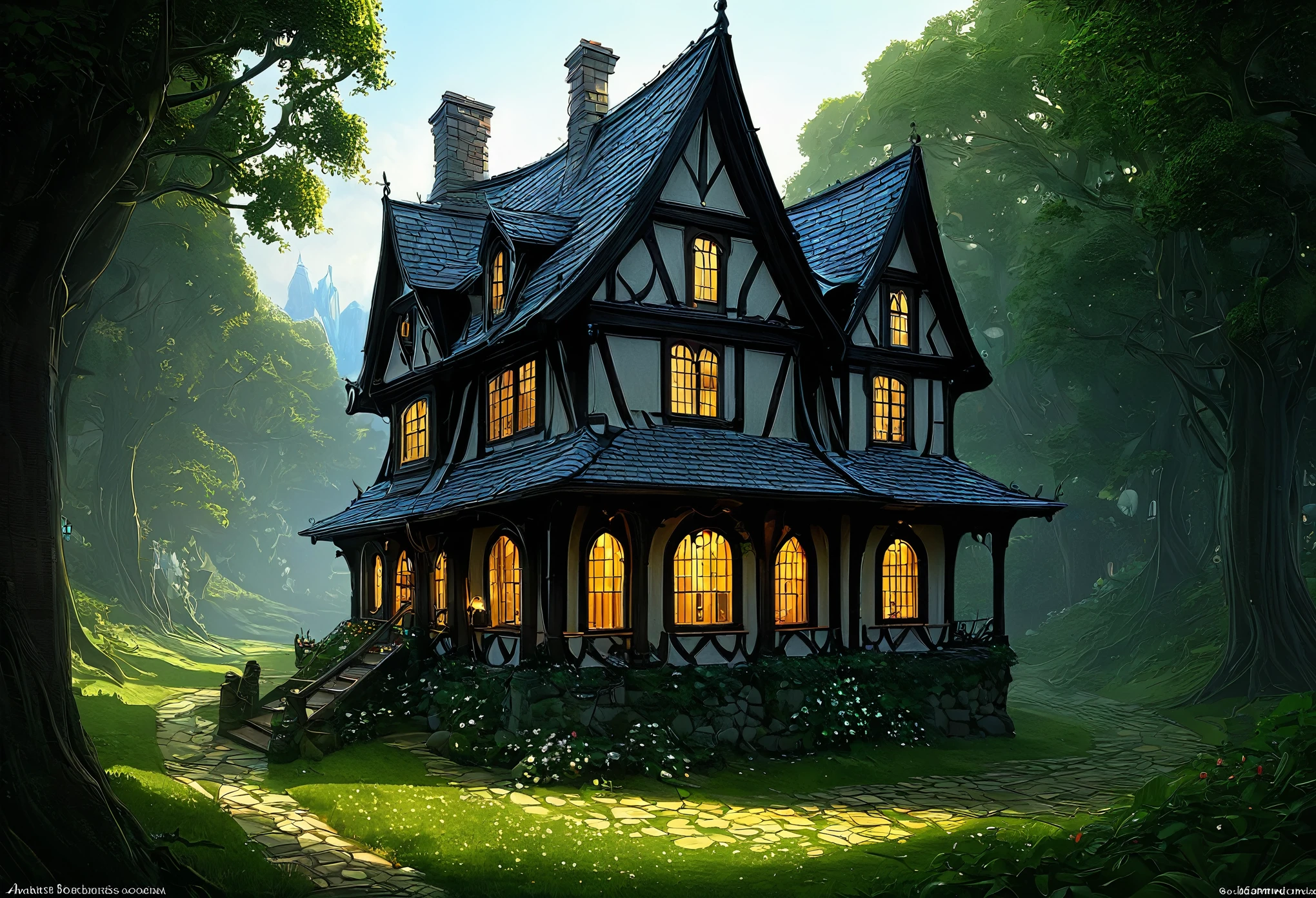 There is a house with many windows and lights on., Concept art inspired by Andreas Rocha, Polycount Contest Winners, Fantasy art, Beautiful depiction of a fairy tale, realistic Fantasy Rendering, Andreas Rocha Style, fantasy house, A pleasant and enchanting scene, By Andreas Rocha, the style of andreas rocha, Fantasy Rendering, Photorealistic Dark Concept Art