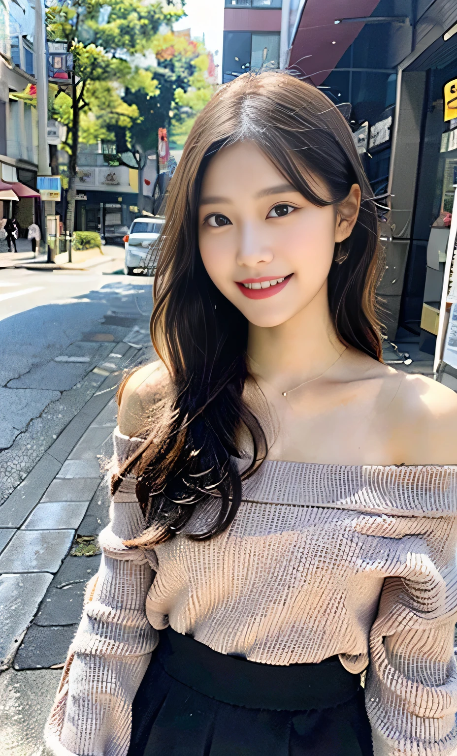Ulzzang-6500-v1.1, (RAW Photos:1.2), (Realistic:1.4), Beautiful detailed girl, Very detailed eyes and face, Beautiful fine details, Beautiful legs、Ridiculous, Incredibly Ridiculous, Large file size, Super detailed, High resolution, Very detailed, highest quality, masterpiece, Kemomimi,(,Black off-shoulder,Long skirt、) Face Light, Cinema Lighting, 1 girl, (smile), (Seductive poses))), Full length portrait of a high school girl standing in a bright city street。。She is wearing black loafers on her feet.、The shoes are clearly visible in the bright sunlight.。Behind him are tall buildings and people passing by.々You can see。Her expression is positive and confident。