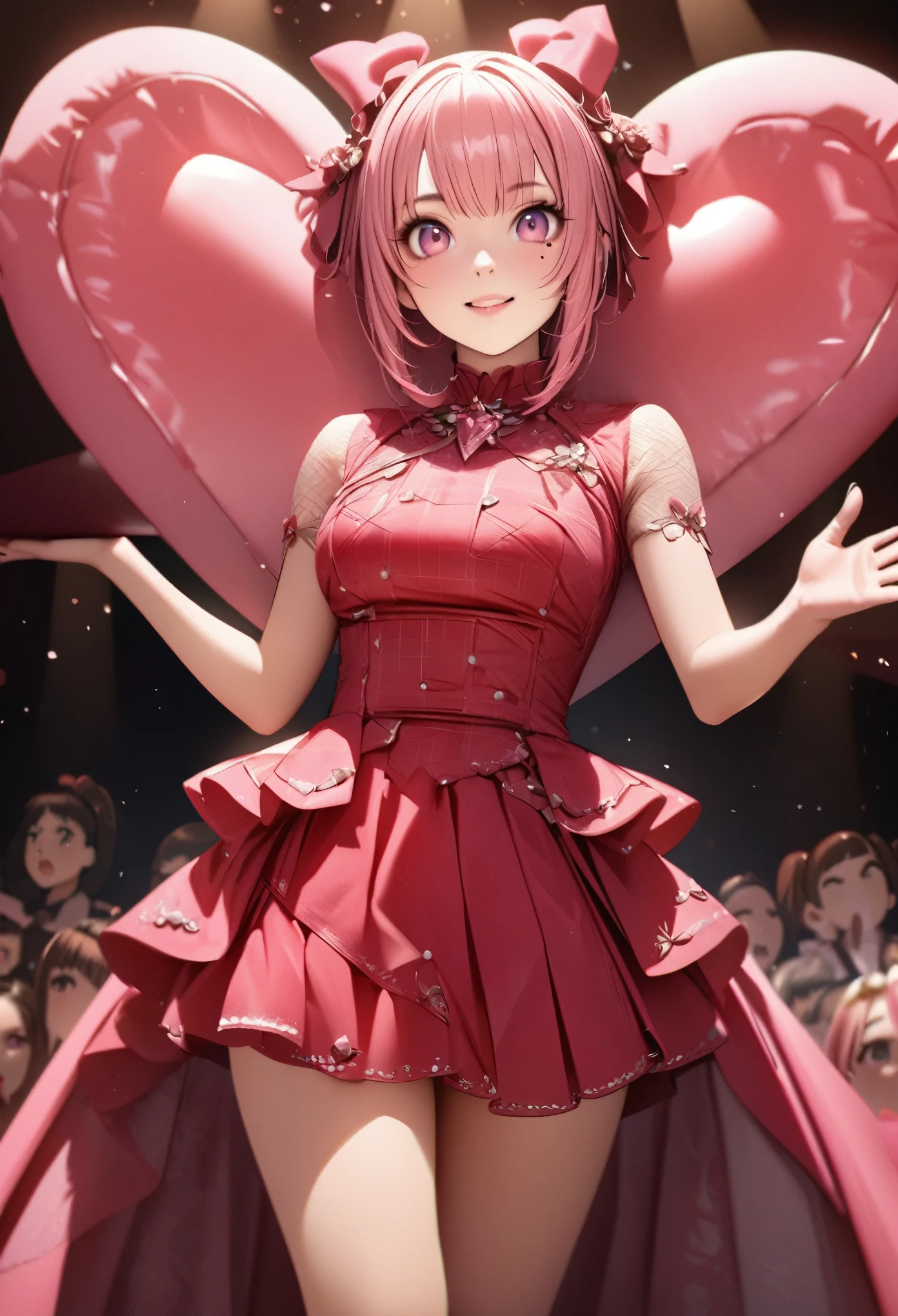 One Girl、Looking at the audience、
Beautiful pink eyes、Long pink hair、,Mole under the eye、Plump and glossy lips、Heart-shaped choca、Idol、Her name is Rico,smile、ー、。.。.。.。.。.。.。.。.。.。.。.。.。.。.。.。.。.。.3D、Realistic、
Idol衣装、Short skirt,Drape clothes、gem、The decoration has been removed、Floral、Lace trim,On a glittering stage、
masterpiece、highest quality、8k、Detailed skin texture、Detailed cloth texture、Beautifully detailed face、Intricate details、Very detailed、
超A high resolution、8k Ultra HD、Film Grain、Best Shadow、delicate、Gazing at the audience、front