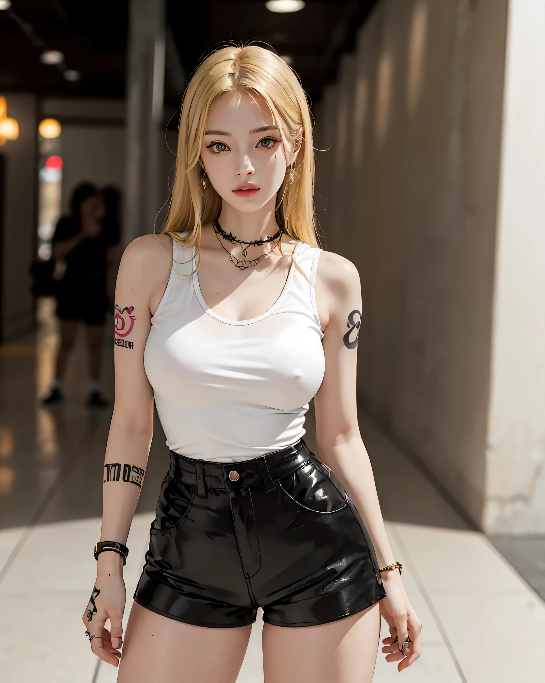 (Browsing Caution:0.7), Perfect Style, Beautiful Face, Highly detailed face and skin texture, (Maximum resolution: 1.2), 1 female,Hip Up, jewelry, (((He has many tattoos all over his body)), Streetwear, (((Tight shorts))), blonde, ,sneakers, (((Tight waist))), ((Big Breasts)),(See-through)