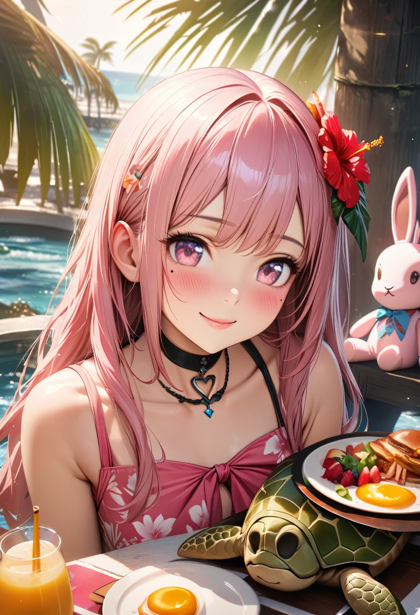 Masterpiece, Best Quality, Highly Detailed, High Definition, High Definition, High Definition, 4k, 8k, Unity 8K Wallpaper, Highly Detailed CG, Masterpiece, Realistic, Beautiful Details, Depth, Fine Texture, Best Quality: 1.3, Total concentration, perfect skin, boyfriend, very cute anime, cute like an idol, tall pink semi-long hair, one girl, Hawaiian dress, cute stuffed rabbit, stuffed sea turtle, palm tree, greeting, hibiscus hair decoration, smile, morning, breakfast, long pink hair, whole body, mole under the eye, gaze, high, blush, lips parted, his art, pink eyes, choker