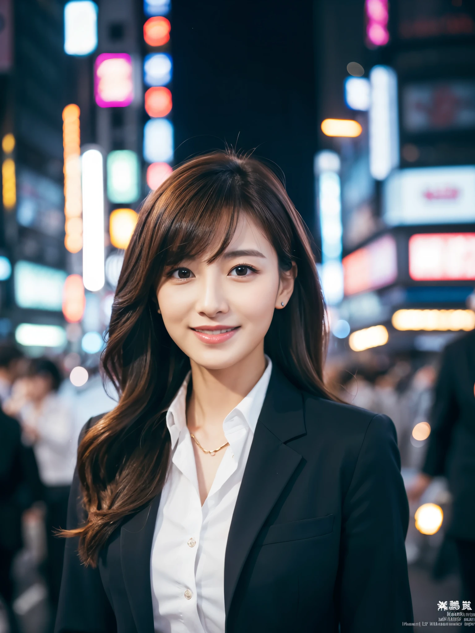 table top、highest quality、genuine、Super detailed、finely、High resolution、8k wallpaper、one beautiful woman、、、light brown disheveled hair、wearing a business suit、sharp focus、perfect dynamic composition、beautiful and detailed eyes、thin hair、Detailed genuine skin texture、smile、close-up portrait、model body shape、In Tokyo at night、