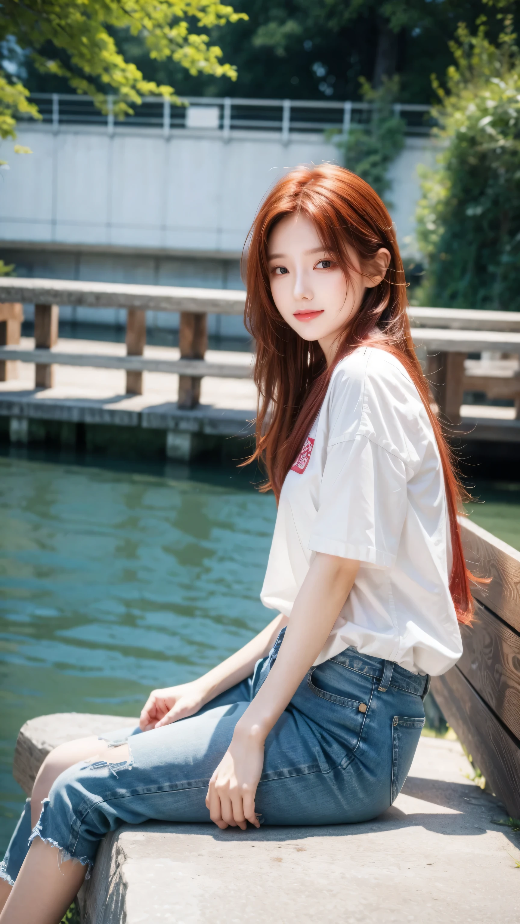 The art of math, (girl, Red_hair, Flowers, Baggy jeans, White shirt, A cautious smile, Cute appearance), (Sit on a bench, River in the background, prime time),, author：Daniil Suponitskiy jpegman